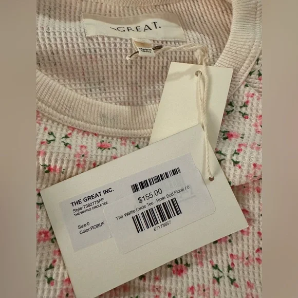 THE GREAT. Floral Long Sleeve Tee - Cream and Pink - Picture 4 of 6